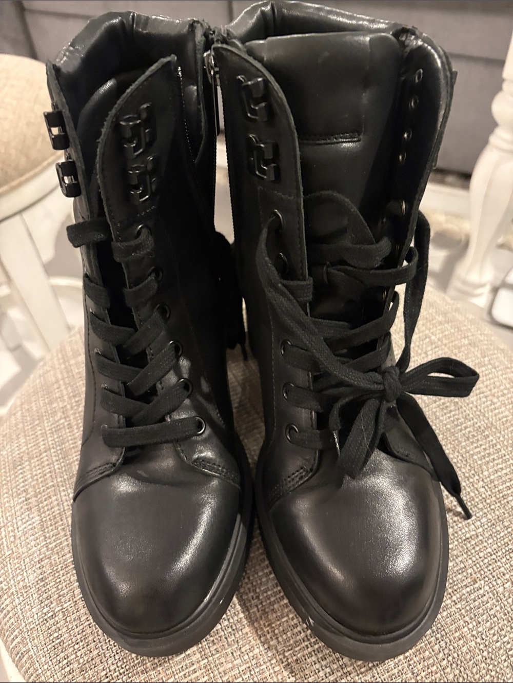 Steve Madden Black Lace-Up Moto Combat Boots with Side Zipper